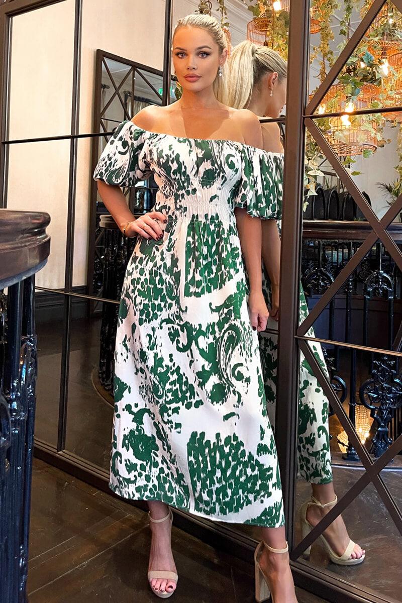 ax paris Cream and Green Printed Elasticated Waist Bardot Midi Dress
