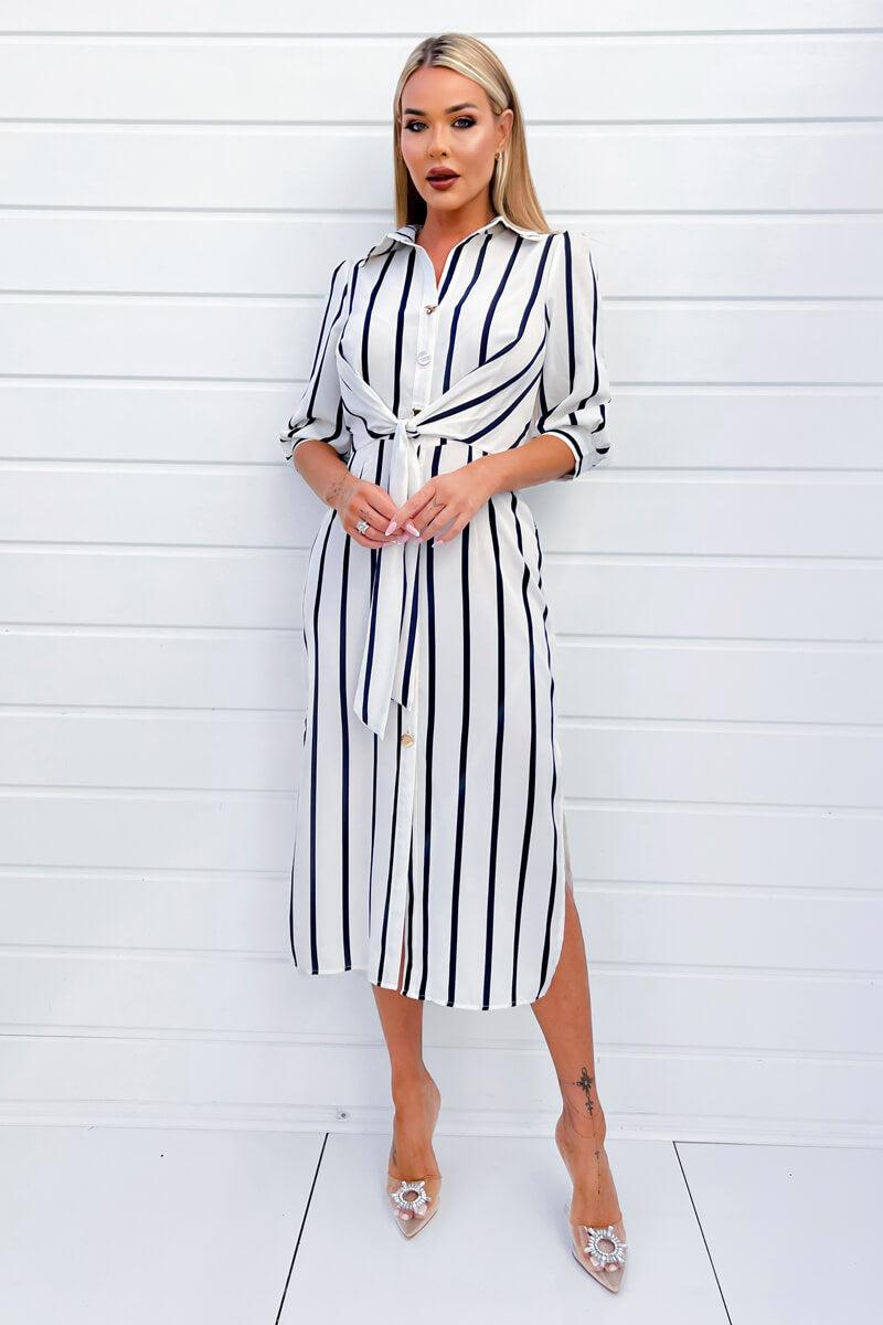 Ax Paris Cream And Navy Striped Button Up 3/4 Sleeve Midi Dress