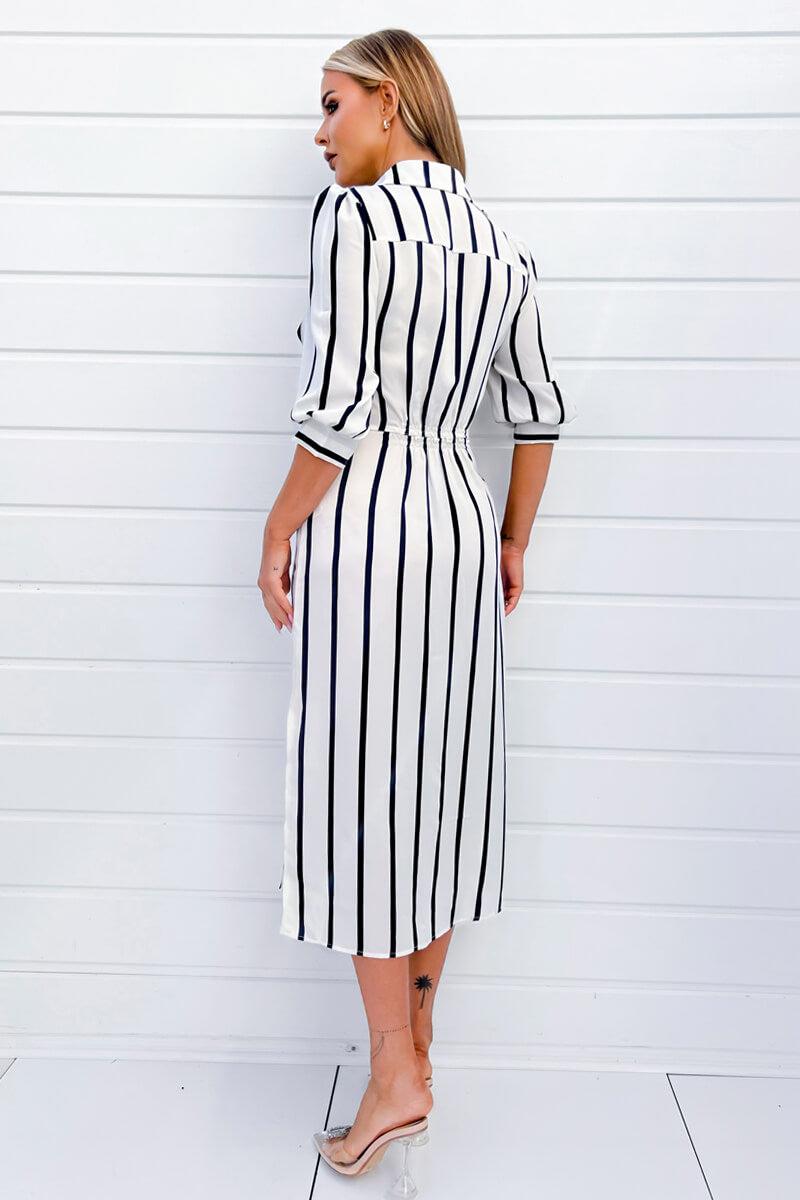 Ax Paris Cream And Navy Striped Button Up 3/4 Sleeve Midi Dress