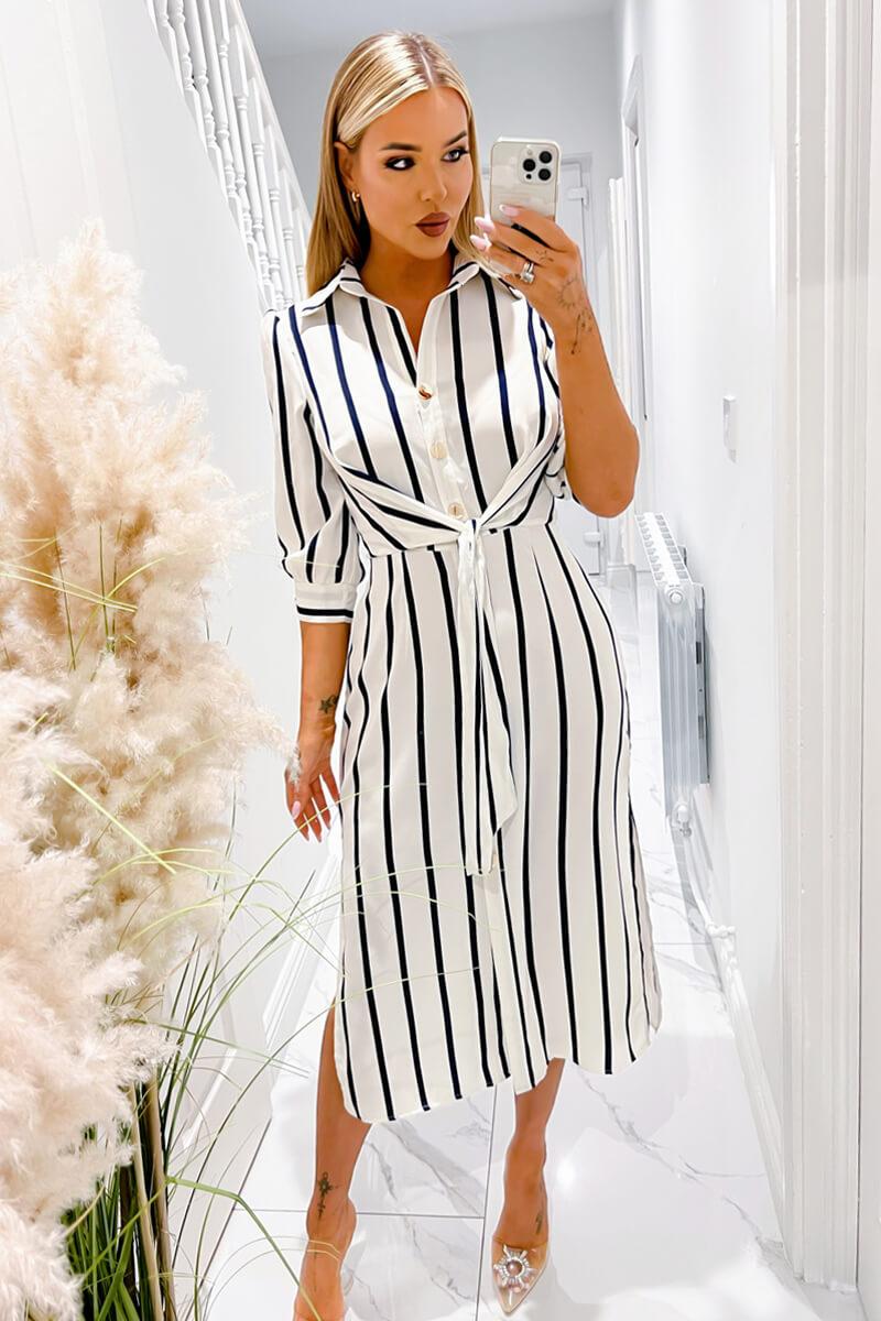 ax paris Cream And Navy Striped Button Up 3/4 Sleeve Midi Dress