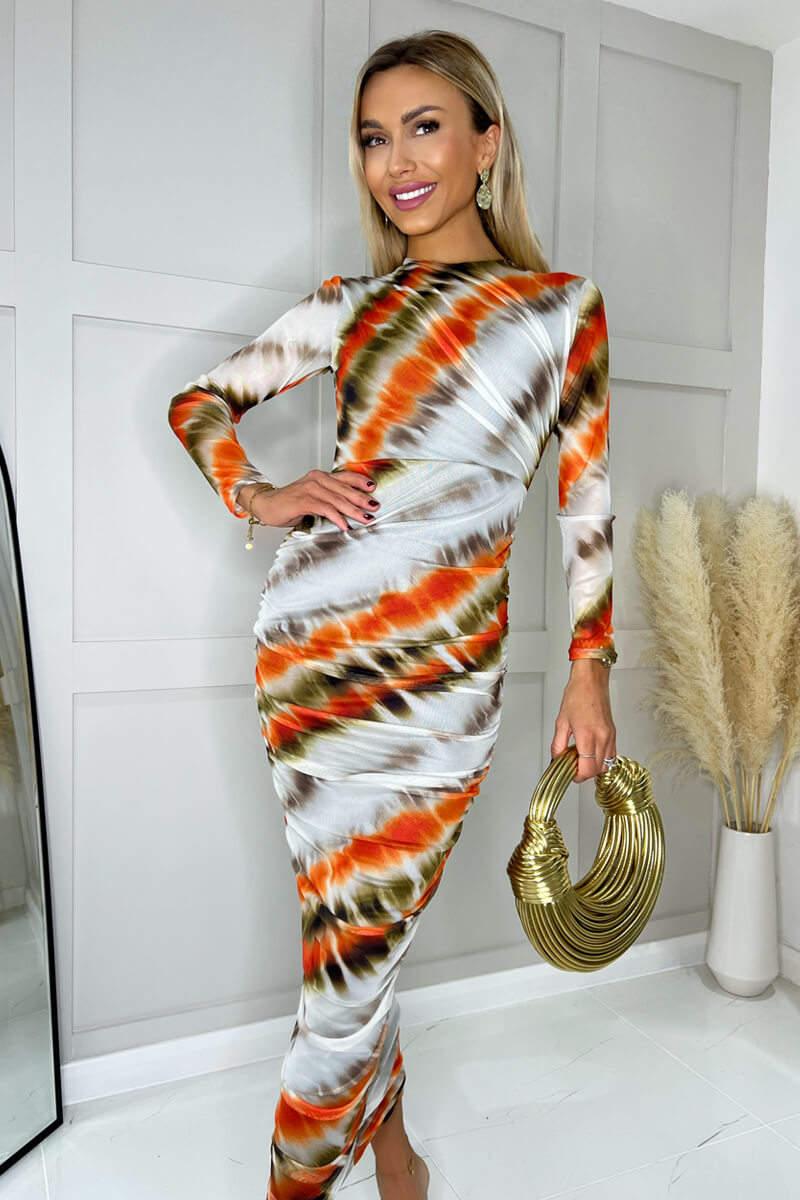 Ax Paris Cream And Orange Abstract Print Mesh Long Sleeve Bodycon Midi Dress