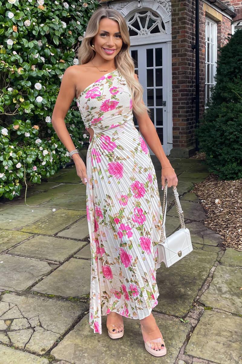 Ax Paris Cream And Pink Floral Print One Shoulder Pleated Satin Midi Dress