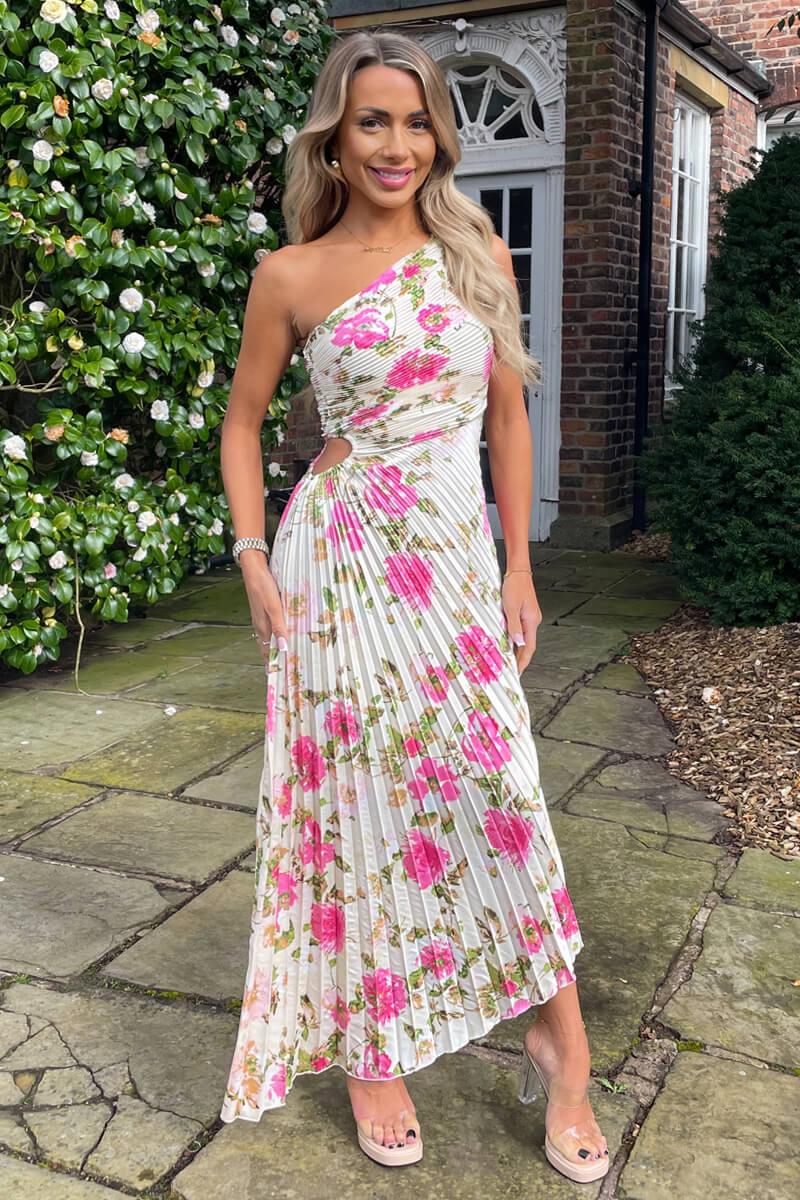 ax paris Cream and Pink Floral Print One Shoulder Pleated Satin Midi Dress