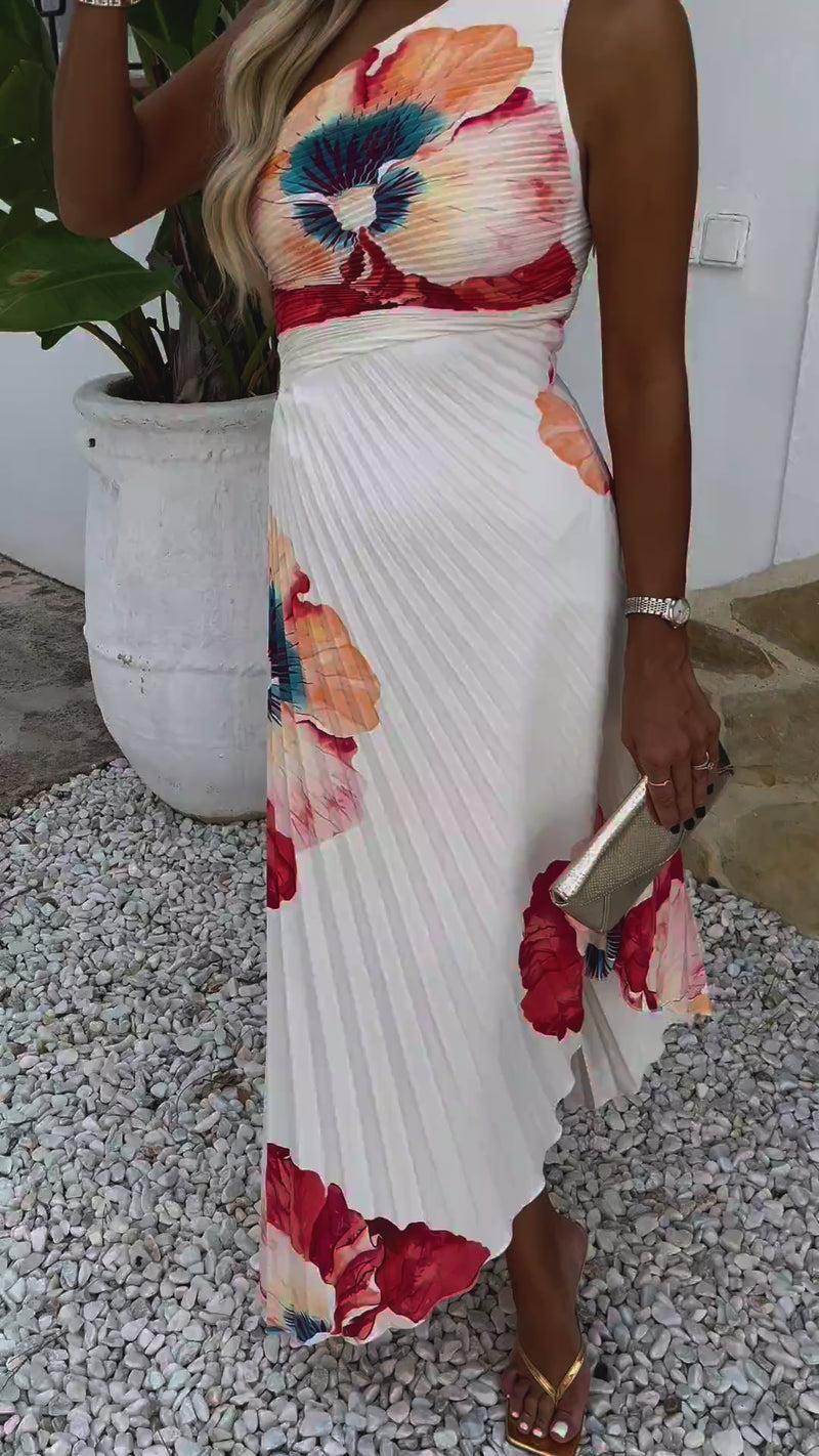 Ax Paris Cream Bold Floral Print One Shoulder Cut Out Pleated Midi Dress