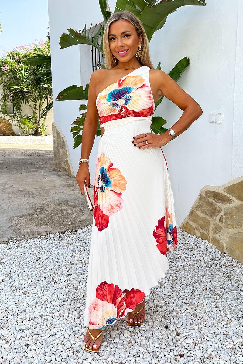 ax paris Cream Bold Floral Print One Shoulder Cut Out Pleated Midi Dress