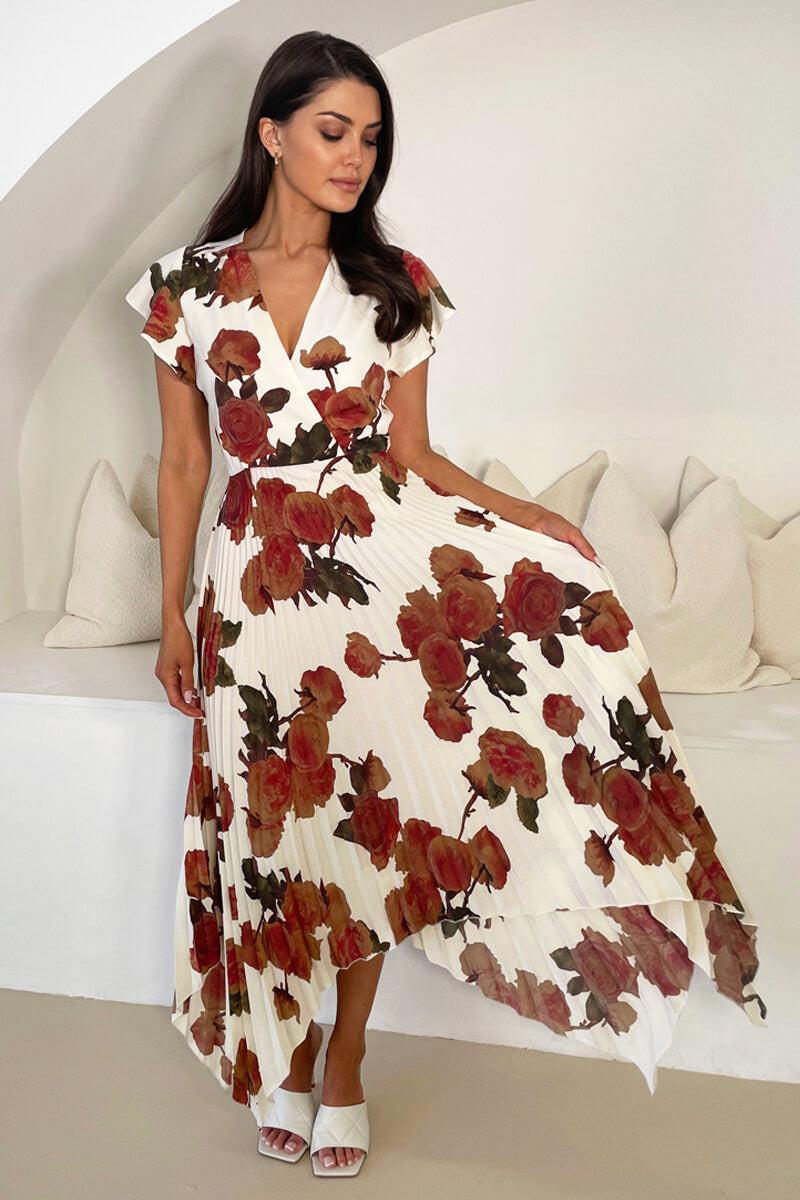 Ax Paris Cream Floral Print Wrap Top Asymmetrical Hem Pleated Midi Dress