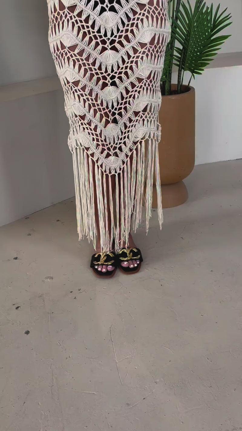 Ax Paris Cream Open Knit Crochet Fringe Hem Midi Dress