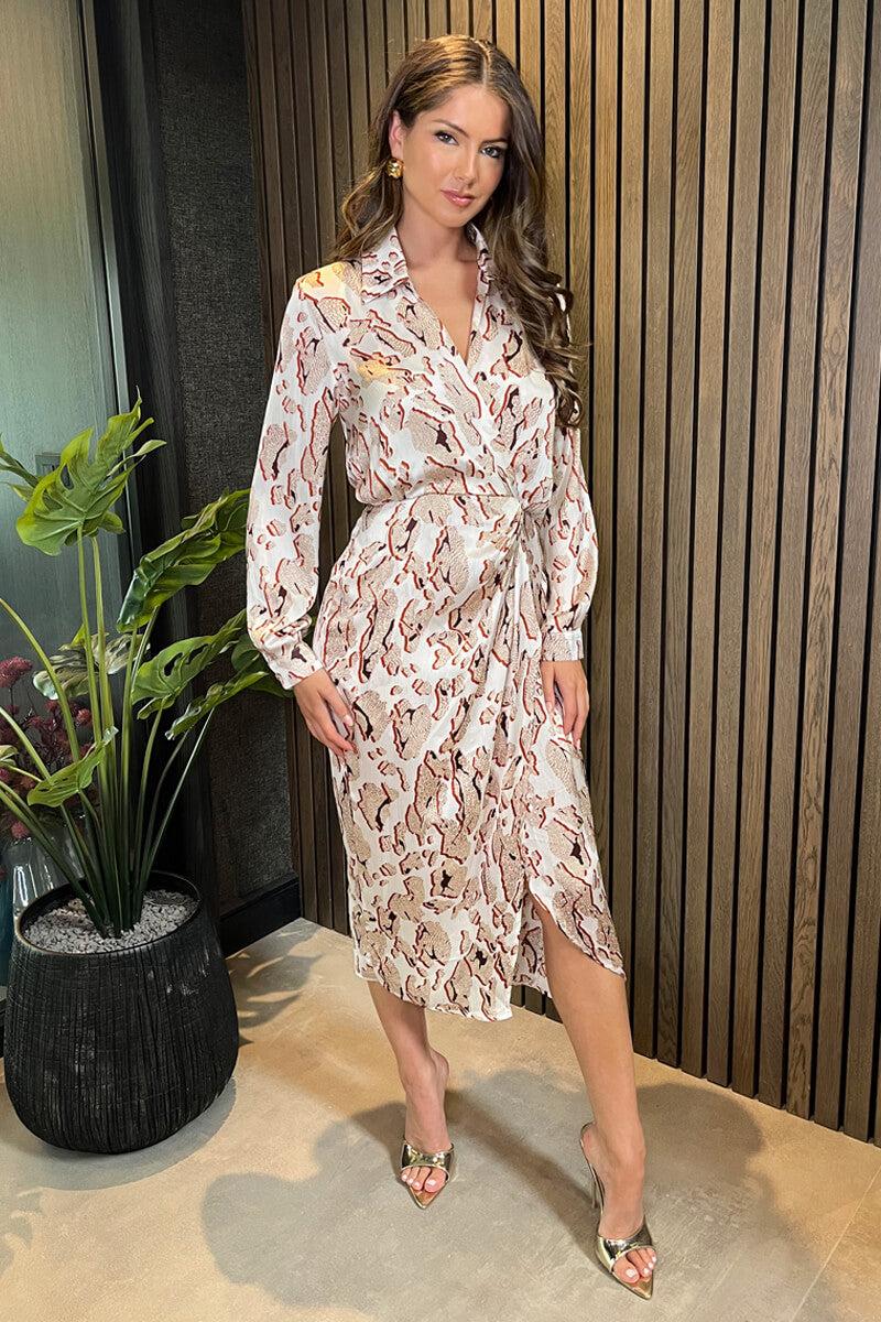 Ax Paris Cream Printed Collared Neck Wrap Midi Dress