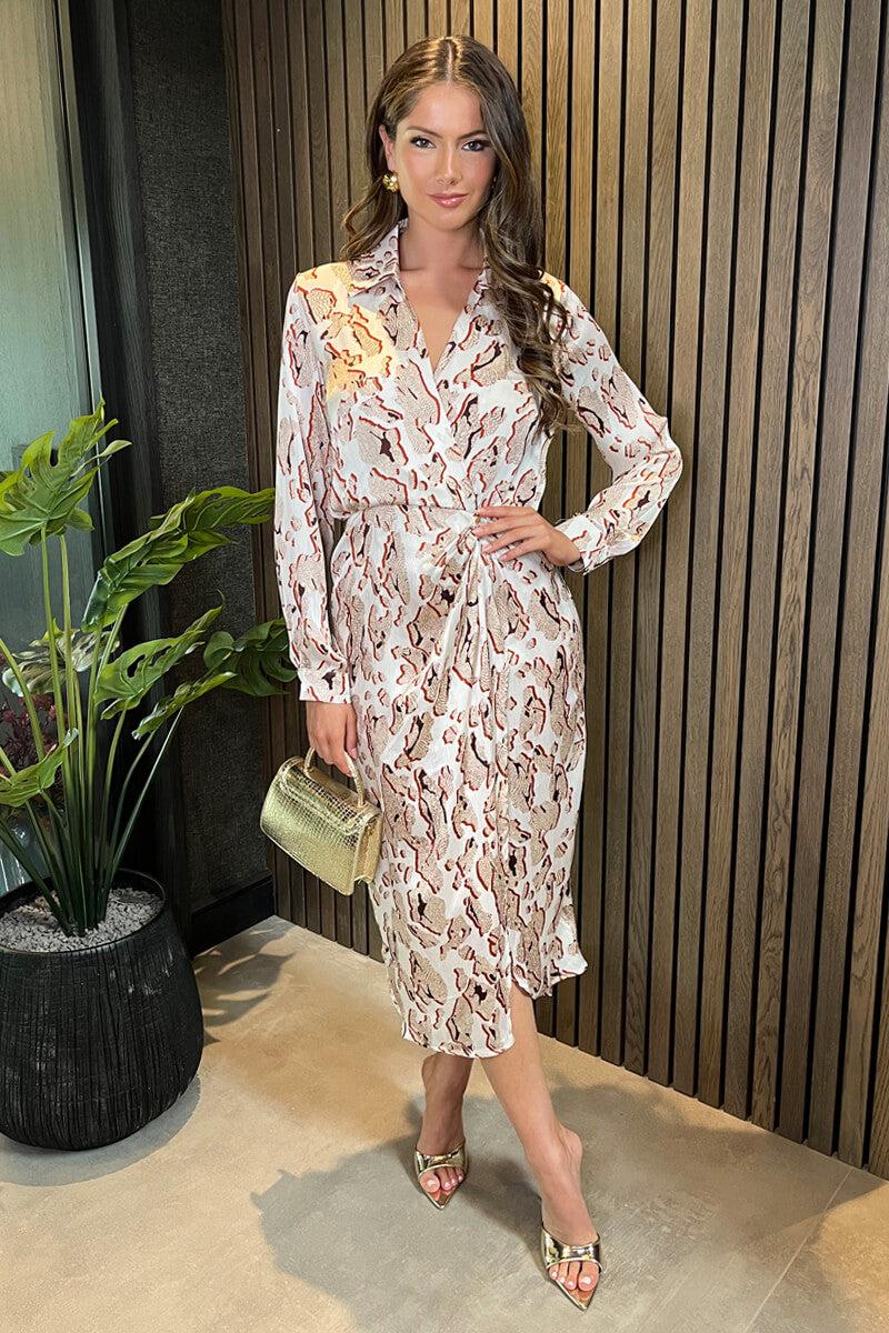 Ax Paris Cream Printed Collared Neck Wrap Midi Dress