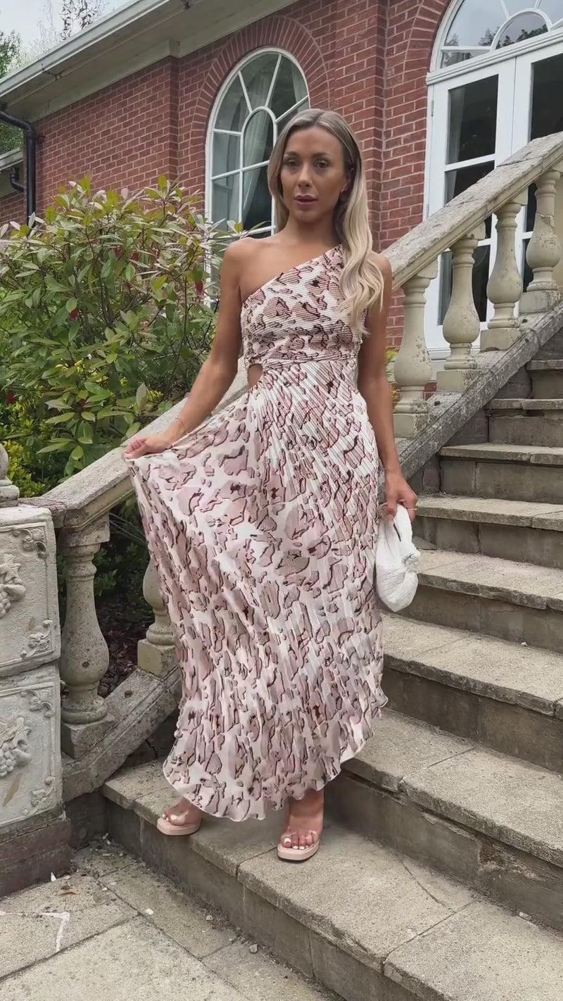Ax Paris Cream Printed One Shoulder Pleated Midi Dress
