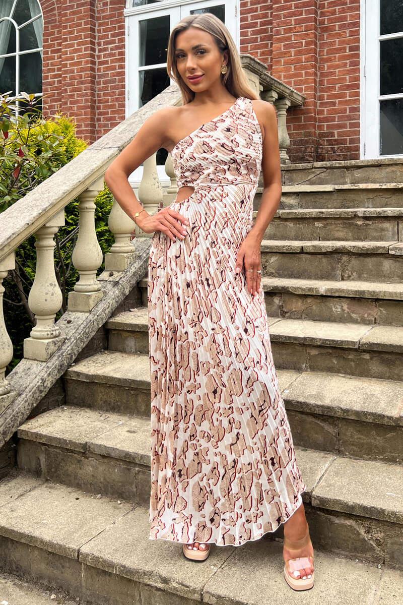 Ax Paris Cream Printed One Shoulder Pleated Midi Dress