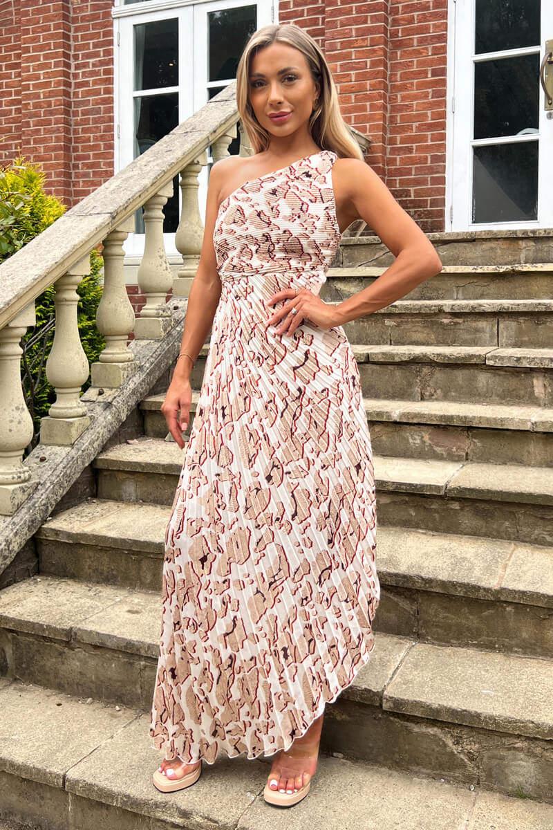ax paris Cream Printed One Shoulder Pleated Midi Dress