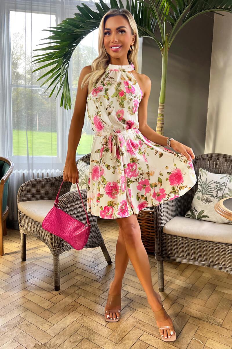 Ax Paris Cream Satin Floral Print Halterneck Mini Dress