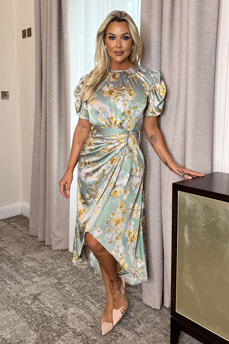 Ax Paris Duck Egg Floral Print Puff Sleeve Gathered Side Midi Dress