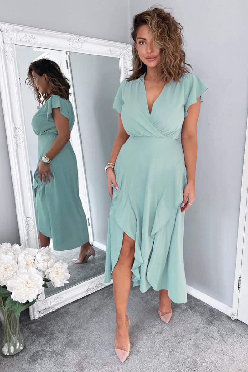 Ax Paris Duck Egg Frill Detail Double Split Skirt Midi Dress