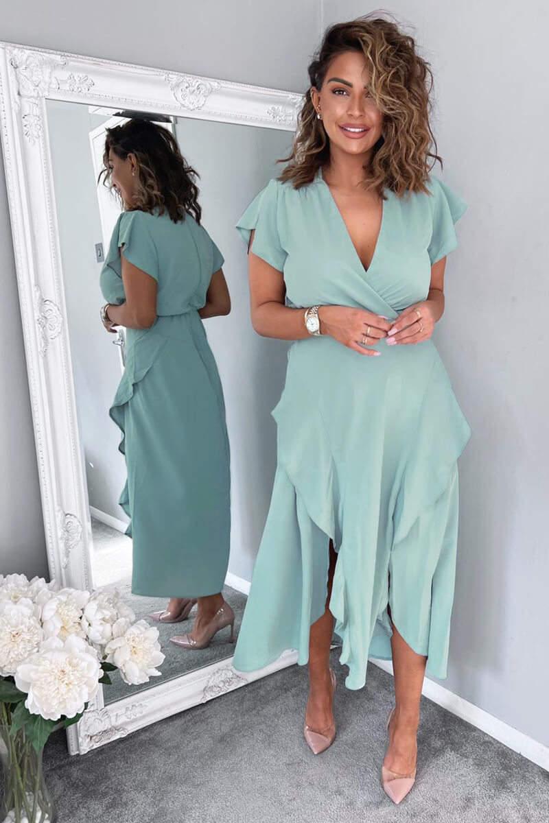 Ax Paris Duck Egg Frill Detail Double Split Skirt Midi Dress