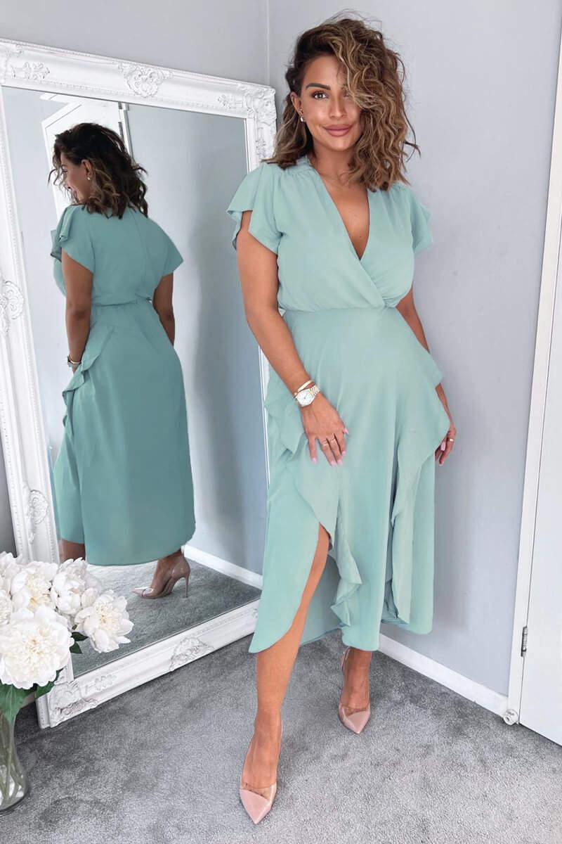 ax paris Duck Egg Frill Detail Double Split Skirt Midi Dress