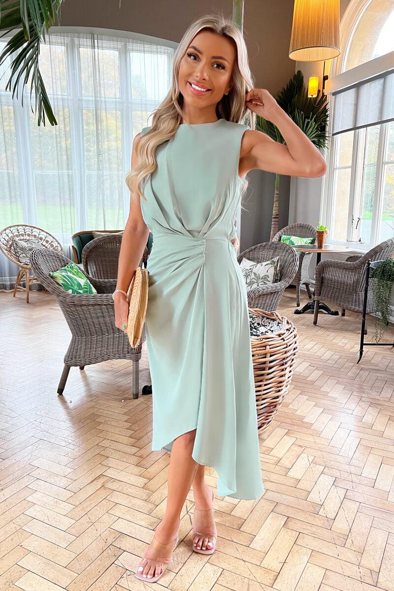 Ax Paris Duck Egg Gathered Midi Dress With Shoulder Pads