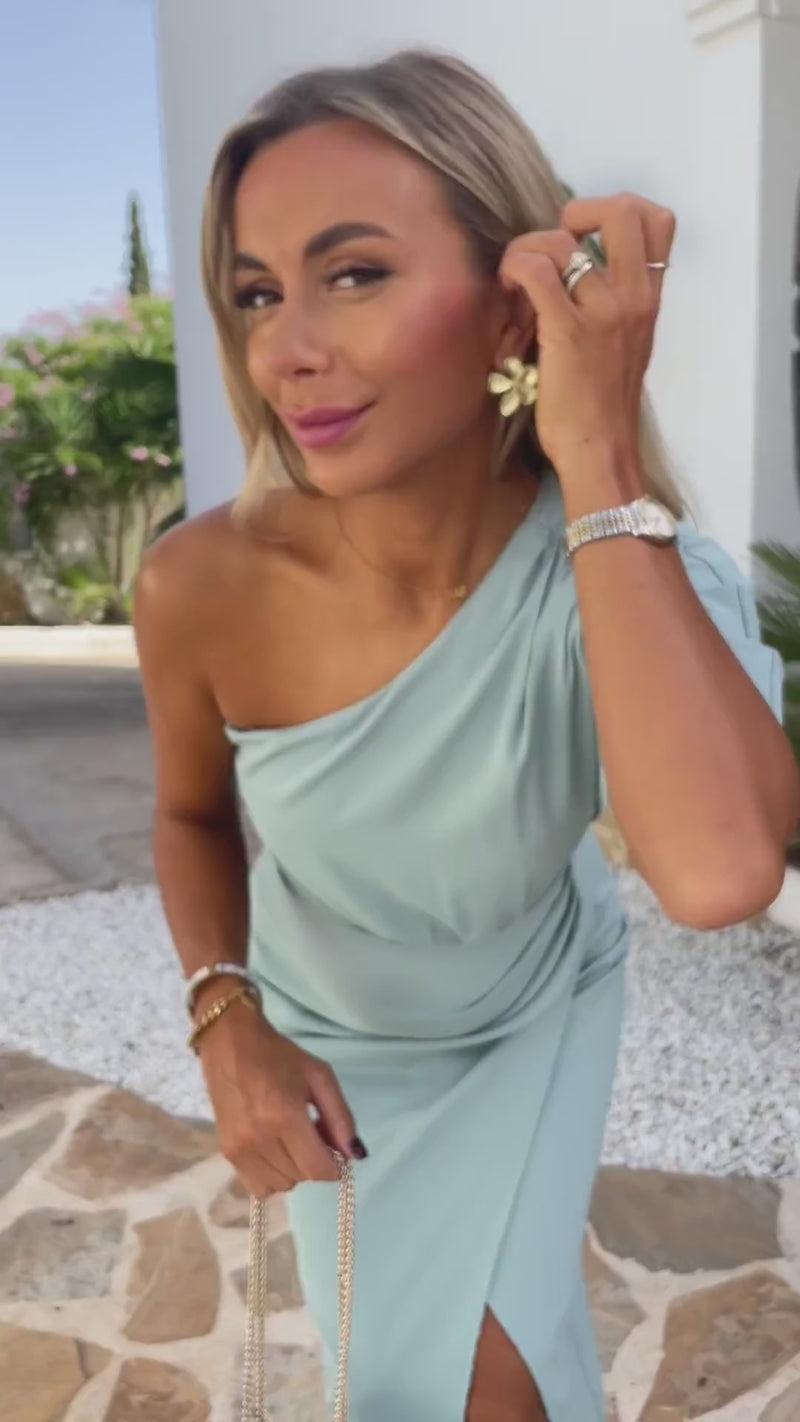 Ax Paris Duck Egg One Shoulder Butterfly Sleeve Wrap Midi Dress