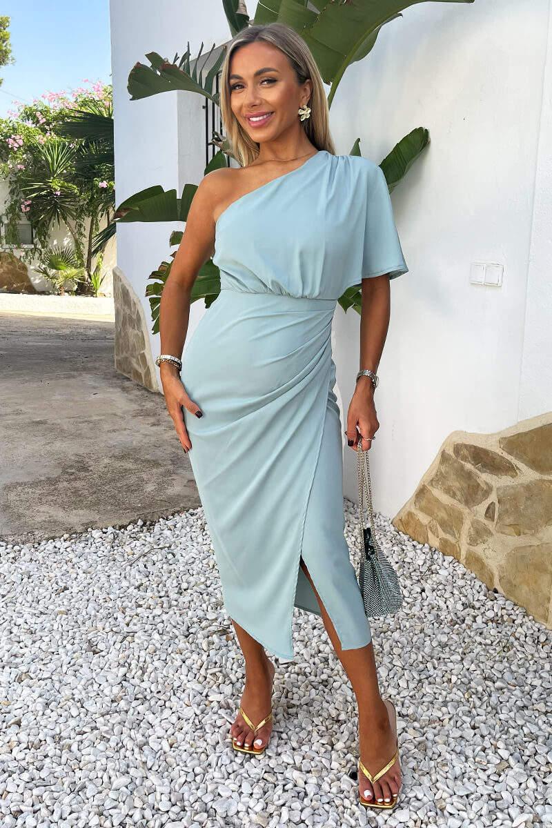 Ax Paris Duck Egg One Shoulder Butterfly Sleeve Wrap Midi Dress