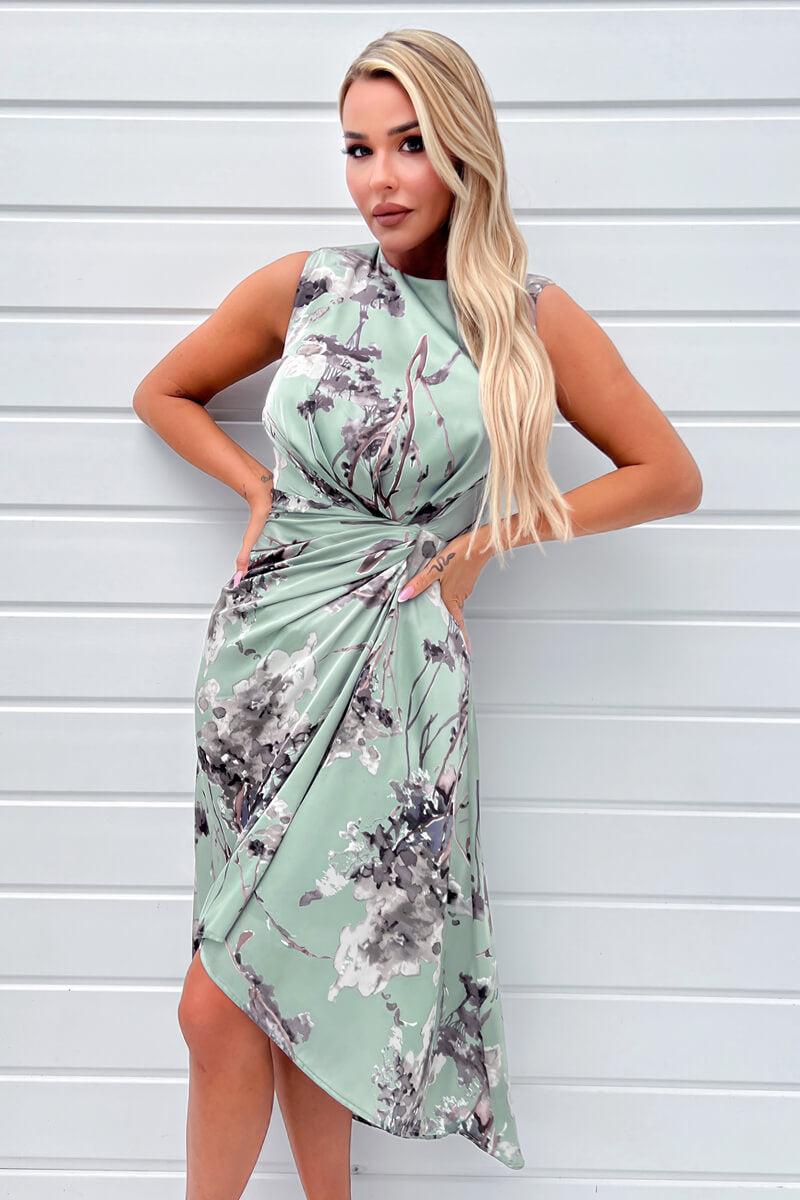 Ax Paris Duck Egg Print Gathered Midi Dress With Shoulder Pads