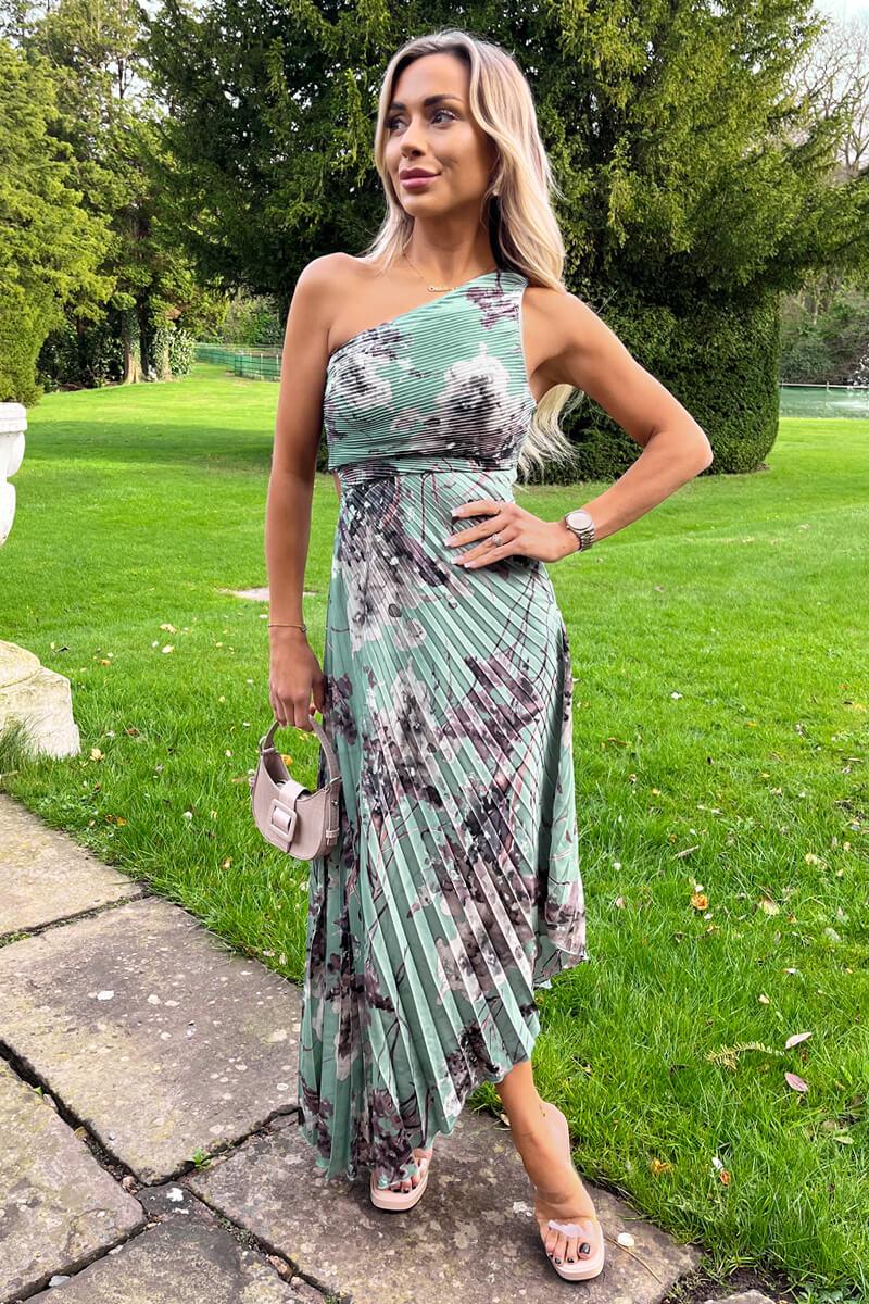Ax Paris Duck Egg Printed One Shoulder Pleated Midi Dress