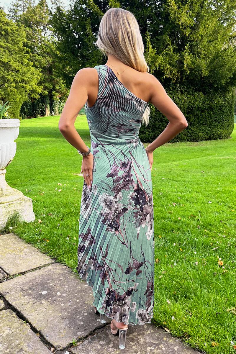 Ax Paris Duck Egg Printed One Shoulder Pleated Midi Dress