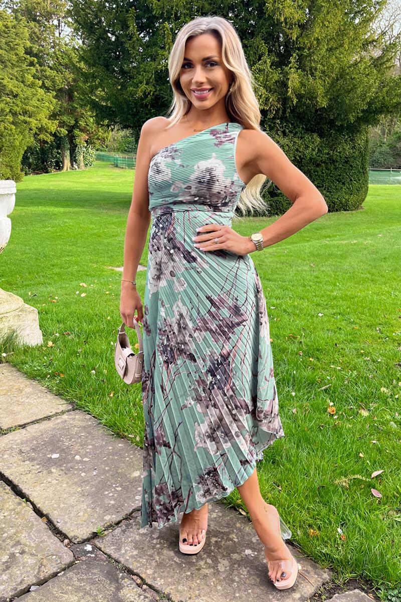 ax paris Duck Egg Printed One Shoulder Pleated Midi Dress