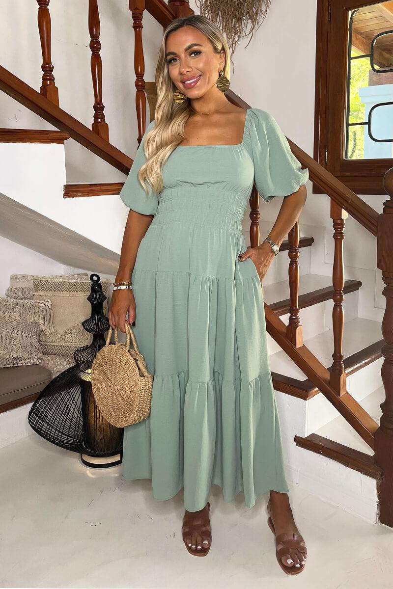 Ax Paris Duck Egg Puff Sleeve Shirred Waist Smock Midi Dress