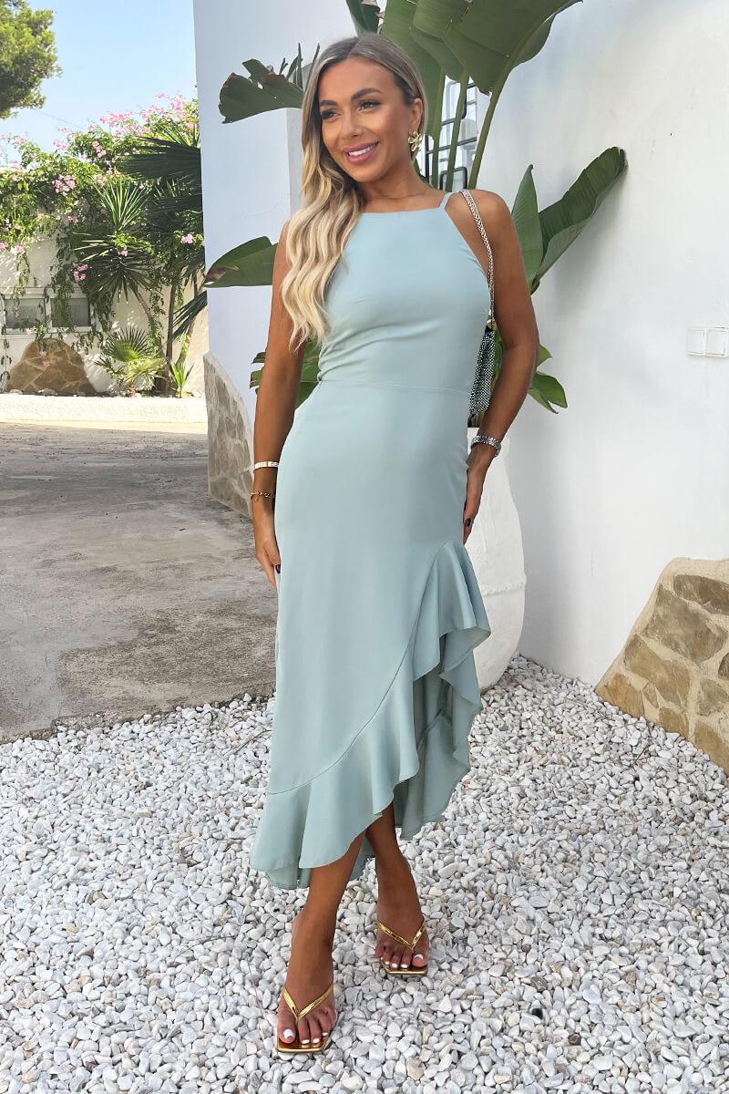 Ax Paris Duck Egg Racer Neck High Low Frill Hem Midi Dress