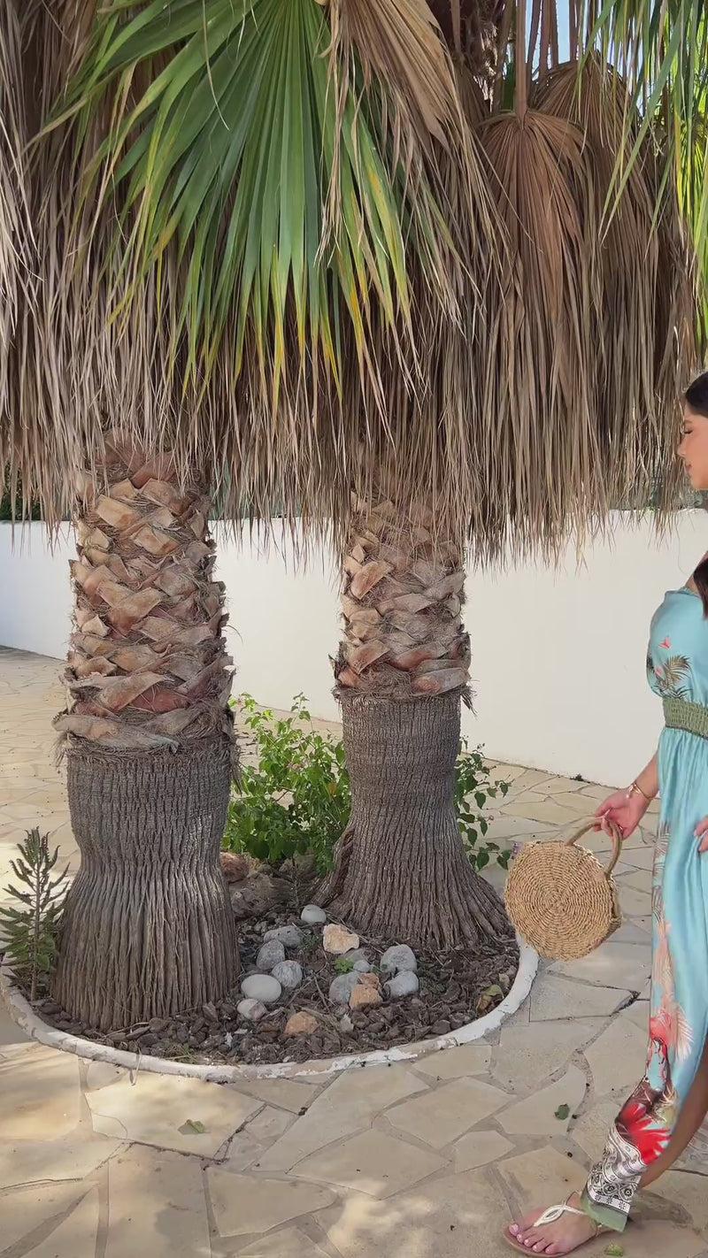 Ax Paris Duck Egg Safari Print Strapless Shirred Waist Side Split Midi Dress