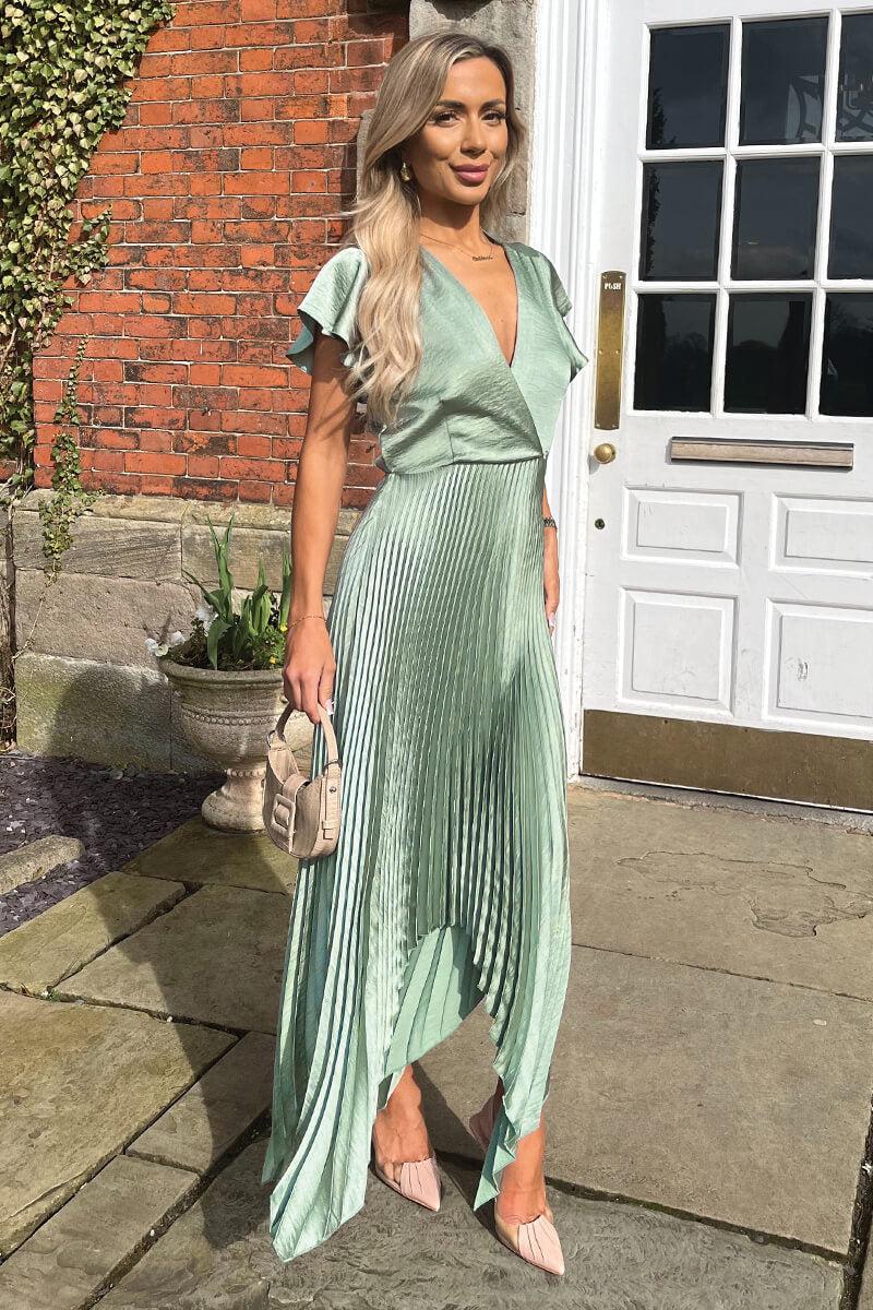 Ax Paris Duck Egg Wrap Top Zig Zag Hem Pleated Midi Dress