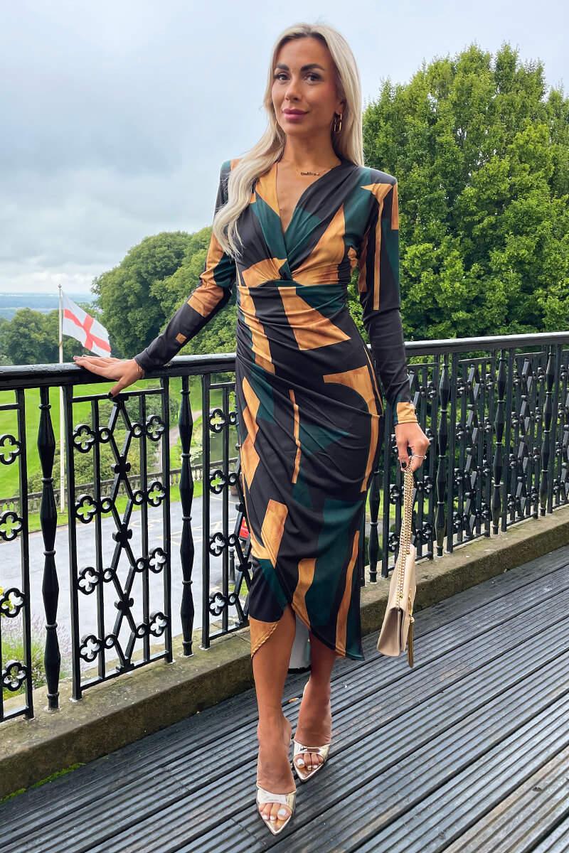 Ax Paris Forest Geometric Print Long Sleeve Wrap Midi Dress