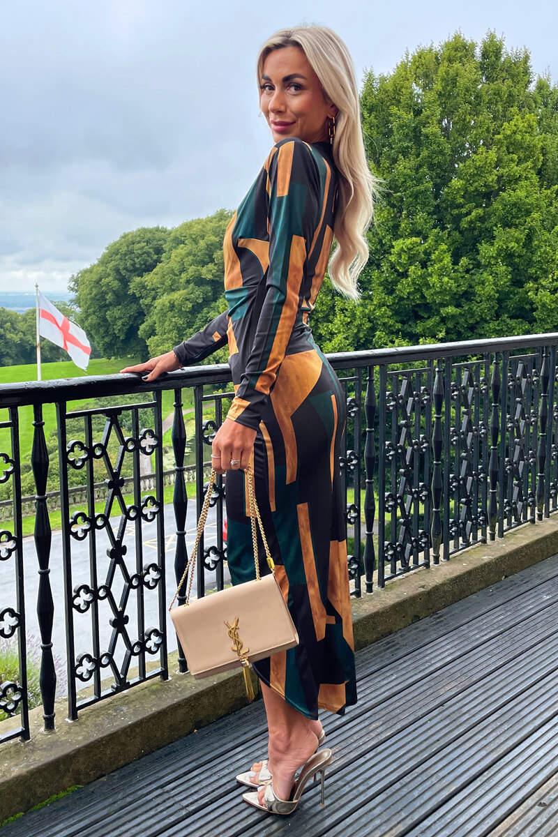 Ax Paris Forest Geometric Print Long Sleeve Wrap Midi Dress