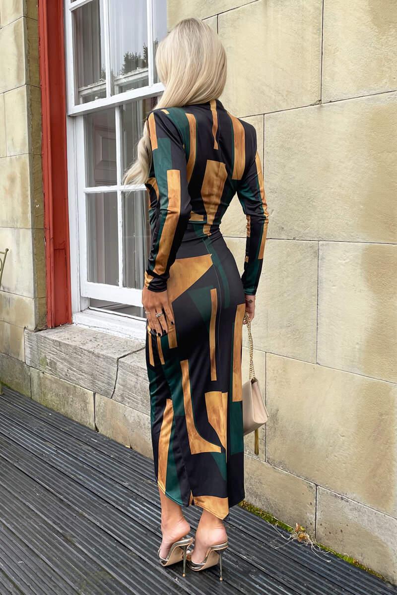 Ax Paris Forest Geometric Print Long Sleeve Wrap Midi Dress