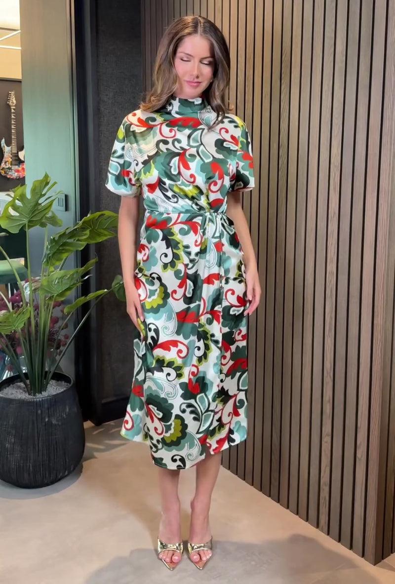Ax Paris Green Abstract Print High Neck Wrap Skirt Midi Dress
