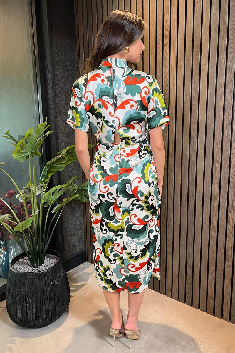Ax Paris Green Abstract Print High Neck Wrap Skirt Midi Dress