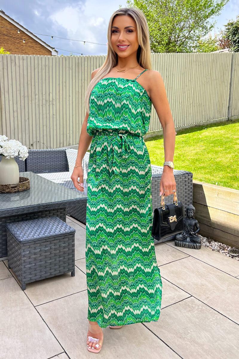 Ax Paris Green Abstract Printed Tie Waist Strappy Midi Dress