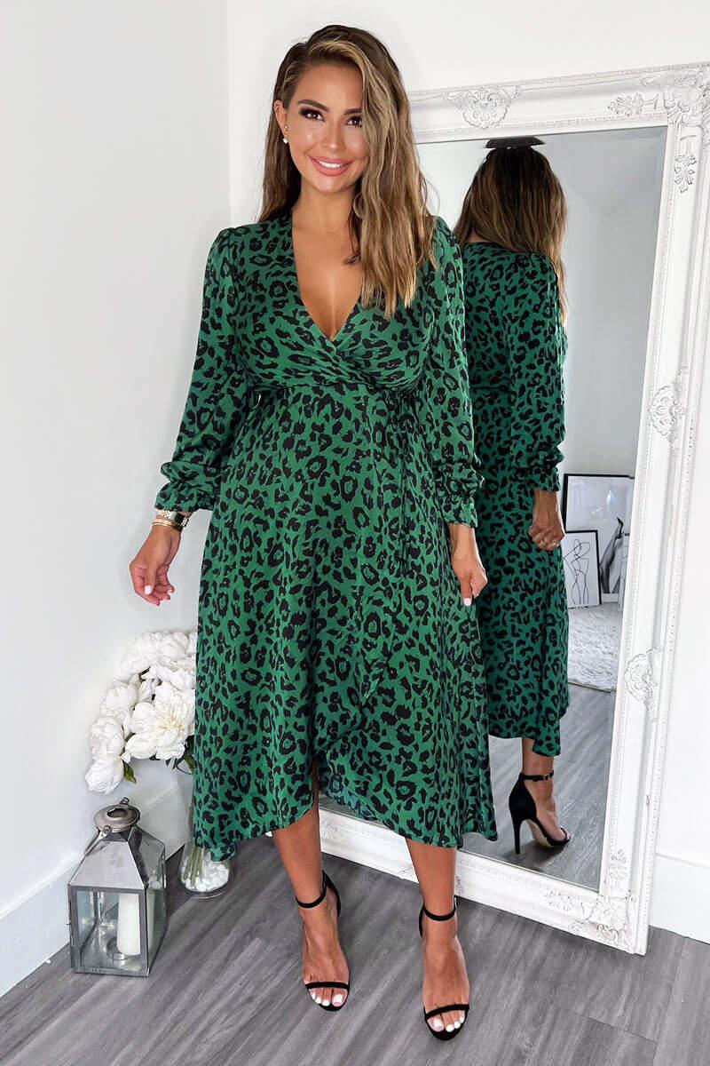 Ax Paris Green And Black Animal Printed Wrap Over Midi Dress