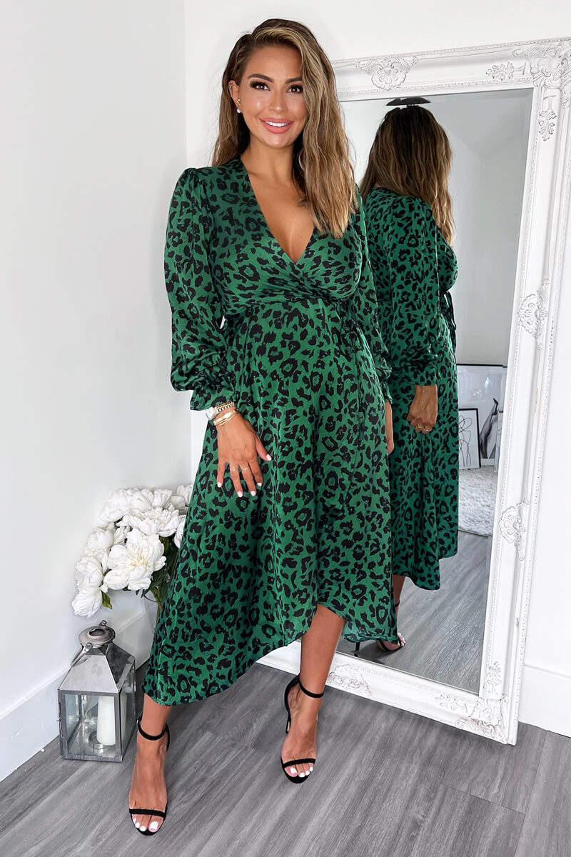 ax paris Green And Black Animal Printed Wrap Over Midi Dress