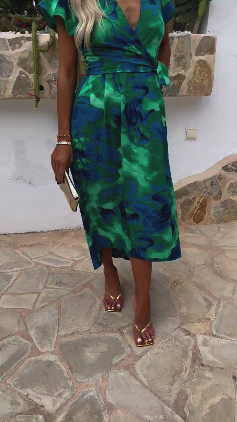Ax Paris Green And Blue Abstract Print Short Sleeve Belted Wrap Midi Dress