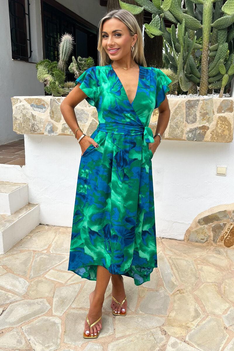 Ax Paris Green And Blue Abstract Print Short Sleeve Belted Wrap Midi Dress
