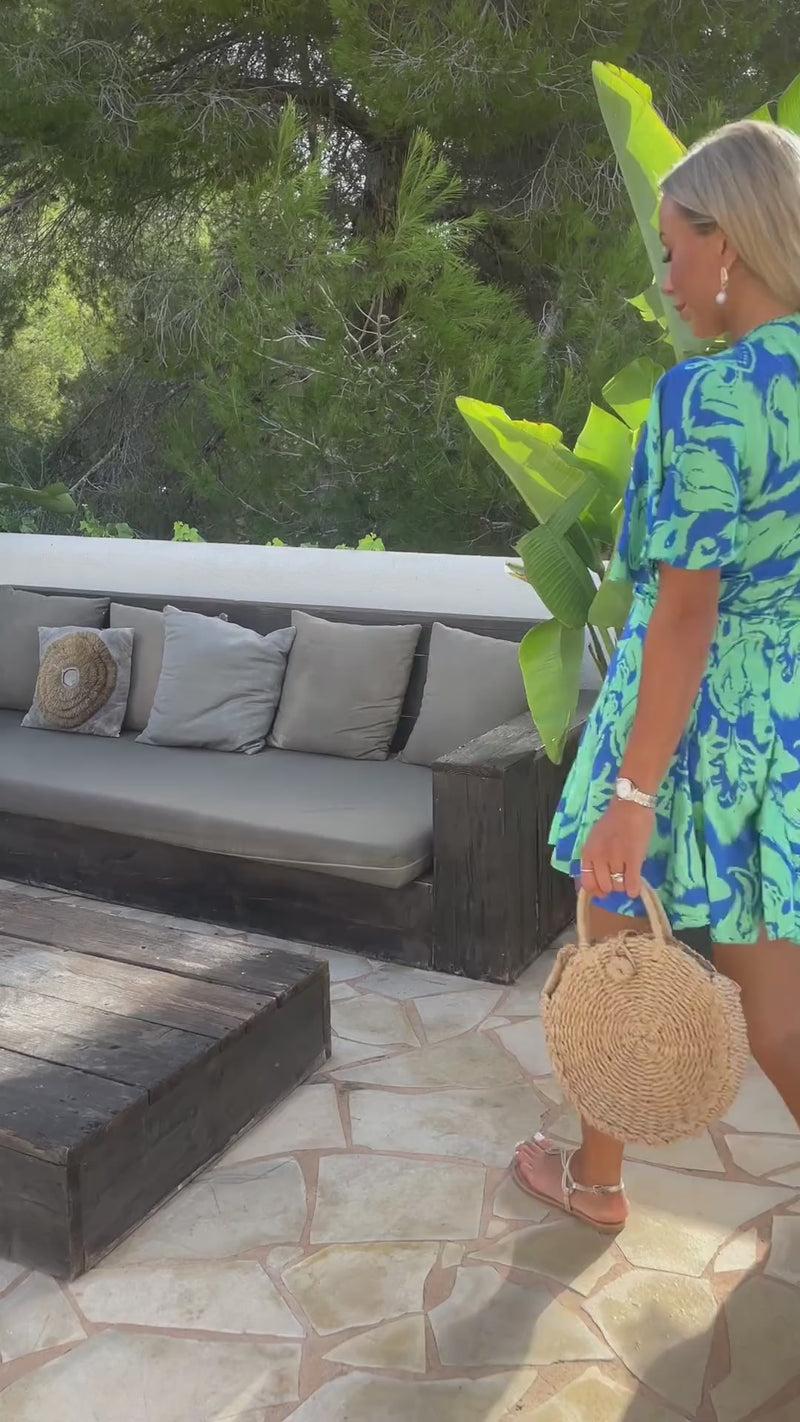 Ax Paris Green And Blue Abstract Printed Wrap Top Skater Mini Dress