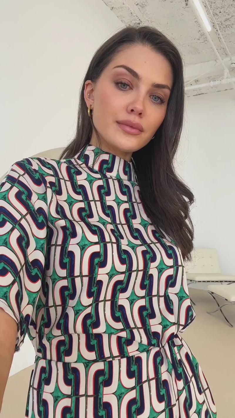 Ax Paris Green And Blue Geometric Printed High Neck Mini Dress