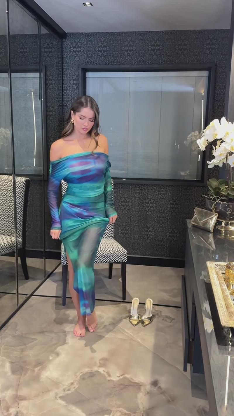 Ax Paris Green And Blue Tie Dye Print Mesh Off The Shoulder Draped Midi Dress