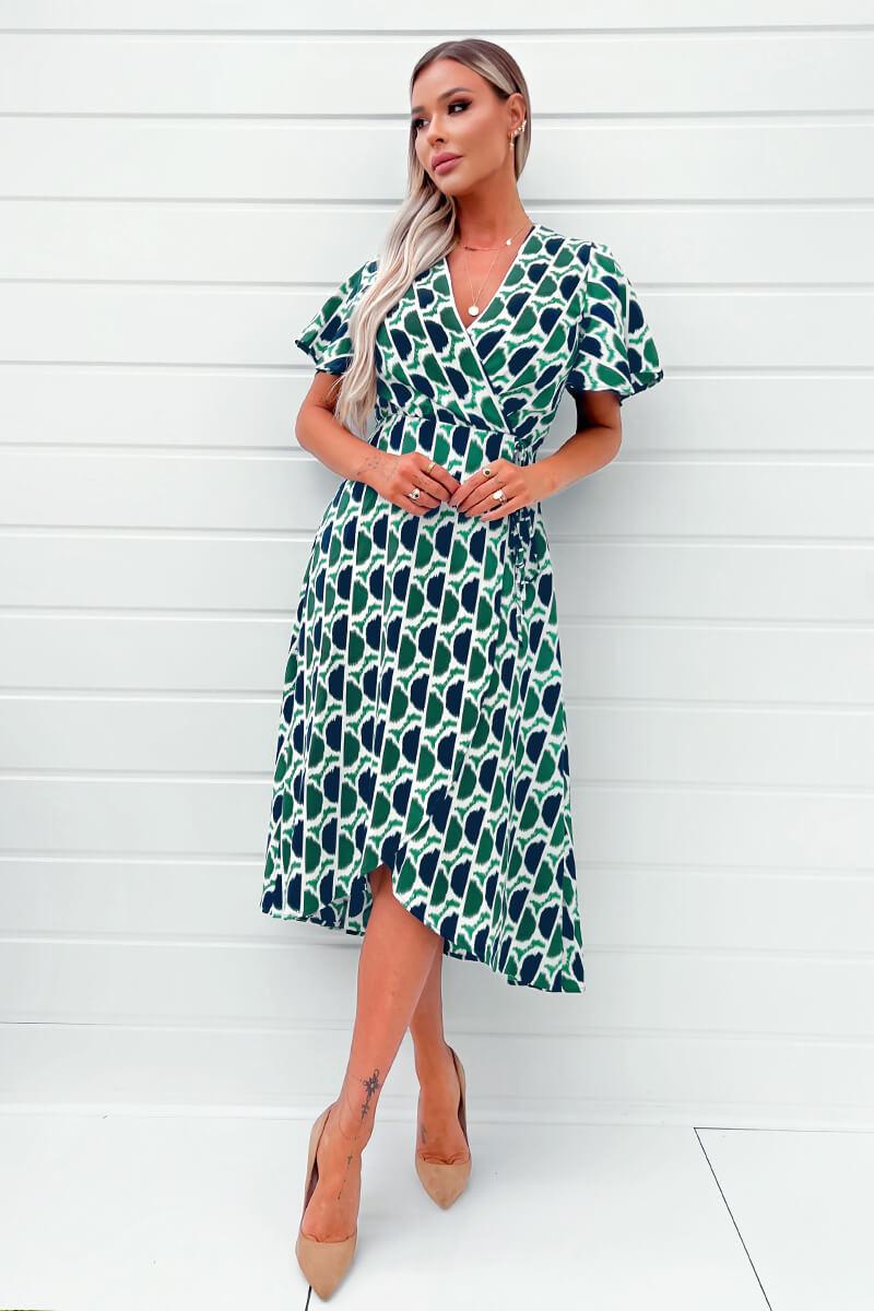 Ax Paris Green And Navy Printed Wrap Top Midi Dress