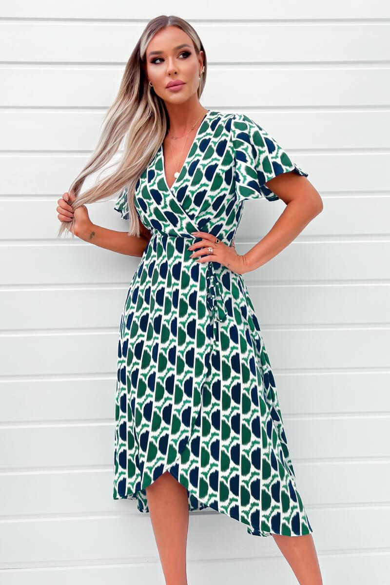 Ax Paris Green And Navy Printed Wrap Top Midi Dress