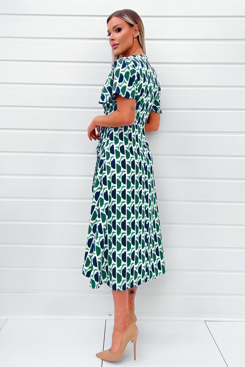 Ax Paris Green And Navy Printed Wrap Top Midi Dress