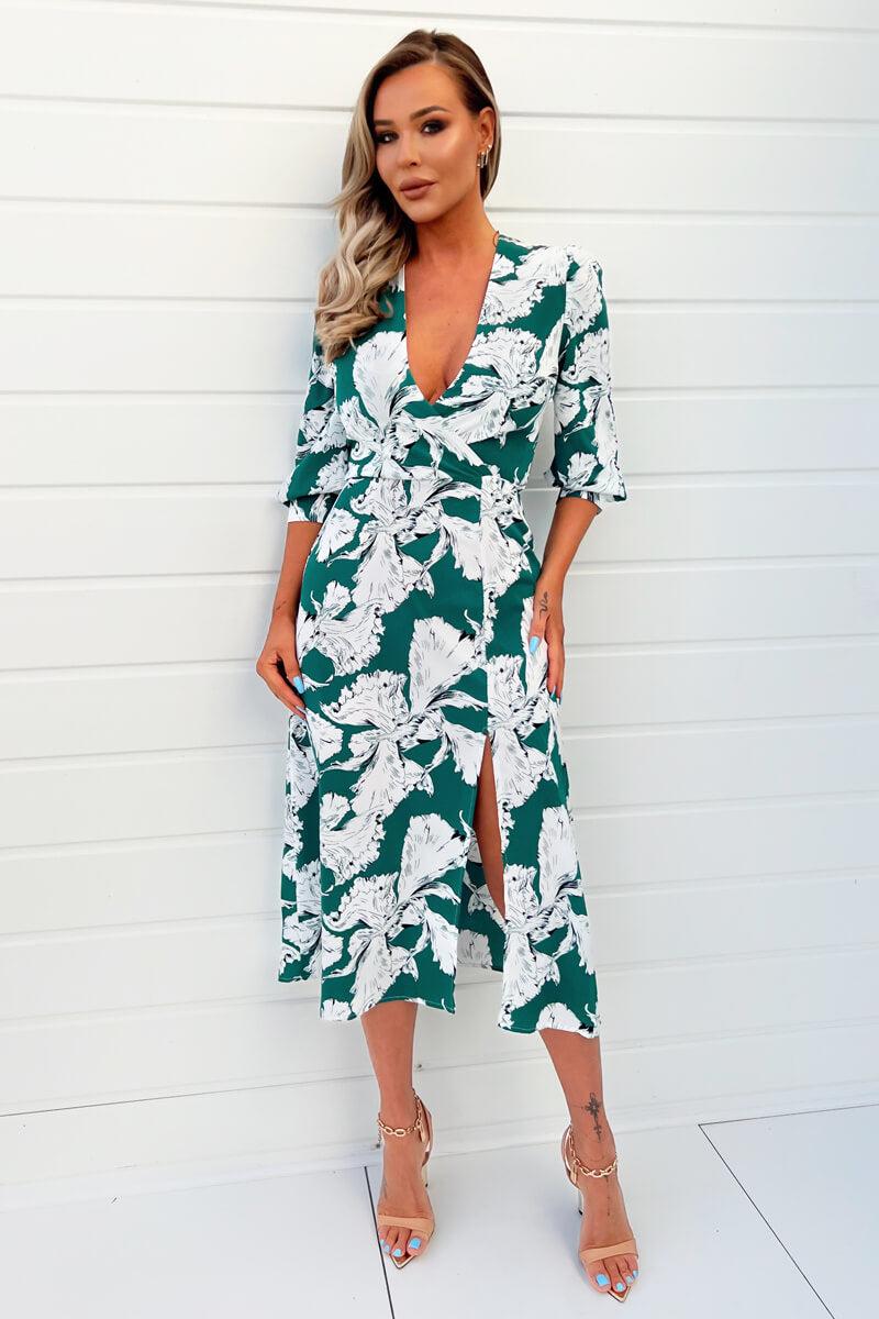 Ax Paris Green And White Floral Print Wrap Top Midi Dress