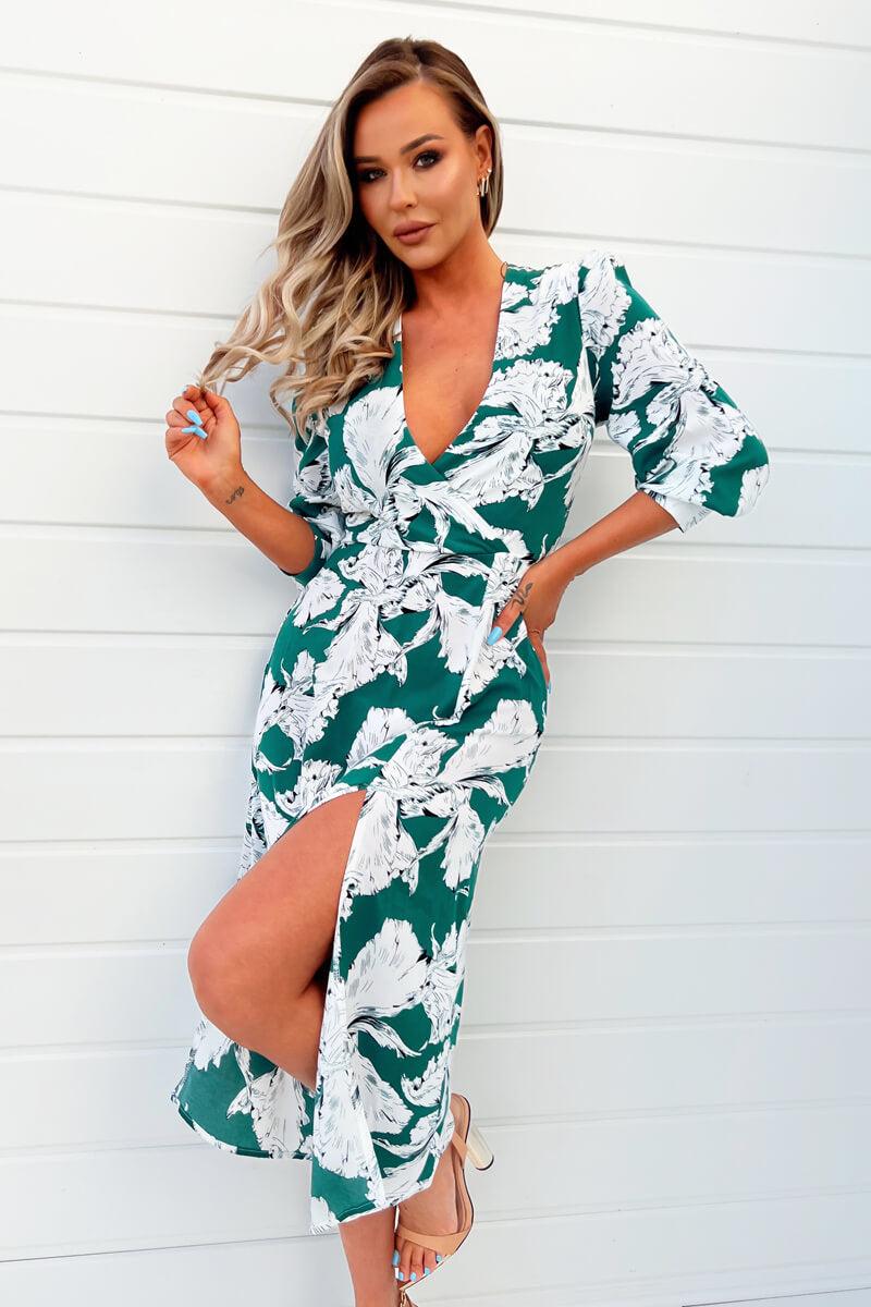 Ax Paris Green And White Floral Print Wrap Top Midi Dress